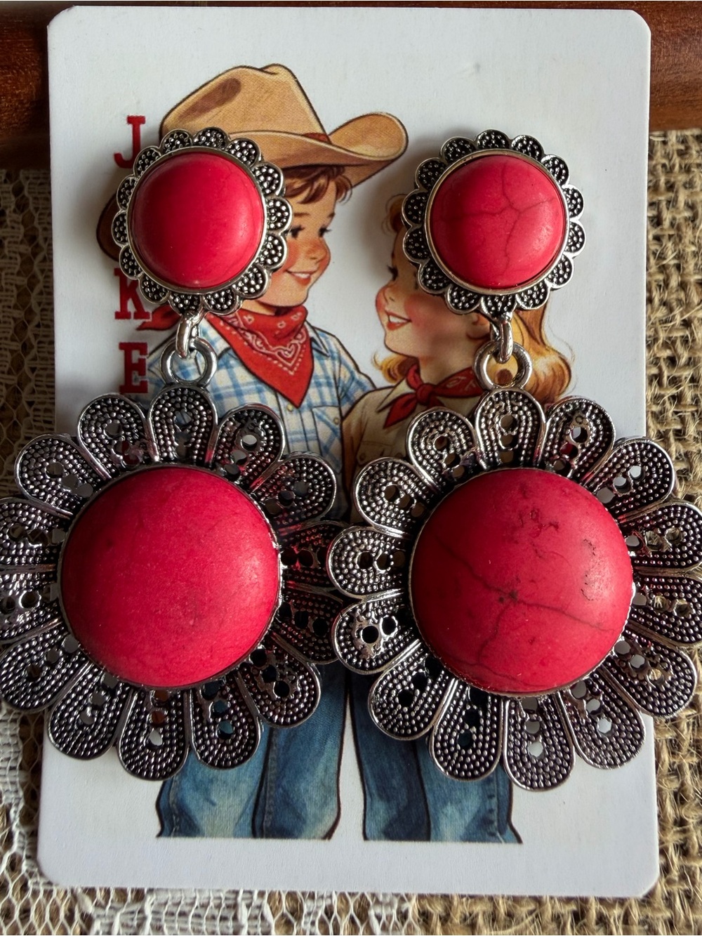 NEW Western Red Turquoise Floral Earrings Silver Cowgirl Boho Statement Dangle